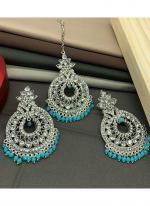 Sky Blue Silver Stone Studded Earrings With Maang Tikka